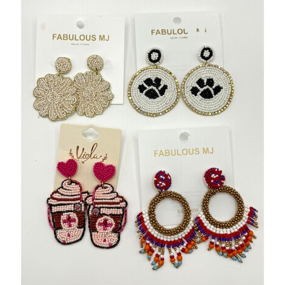 4 Pair Beaded Dangle Earrings Lot Dog Paw Cat Animal Boho Nurse Jewelry Gift - Picture 6 of 6